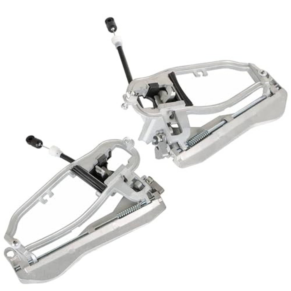 Chrome outside door handle carrier with black cable and spring, plus matching second unit