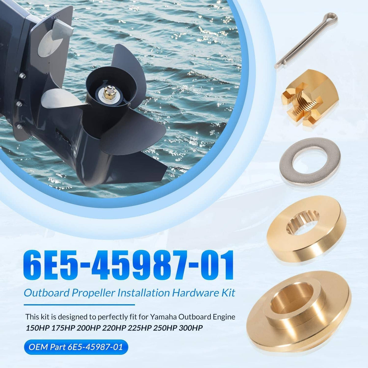 Outboard propeller installation kit components in gold: spacer, thrust washer, nut, ring