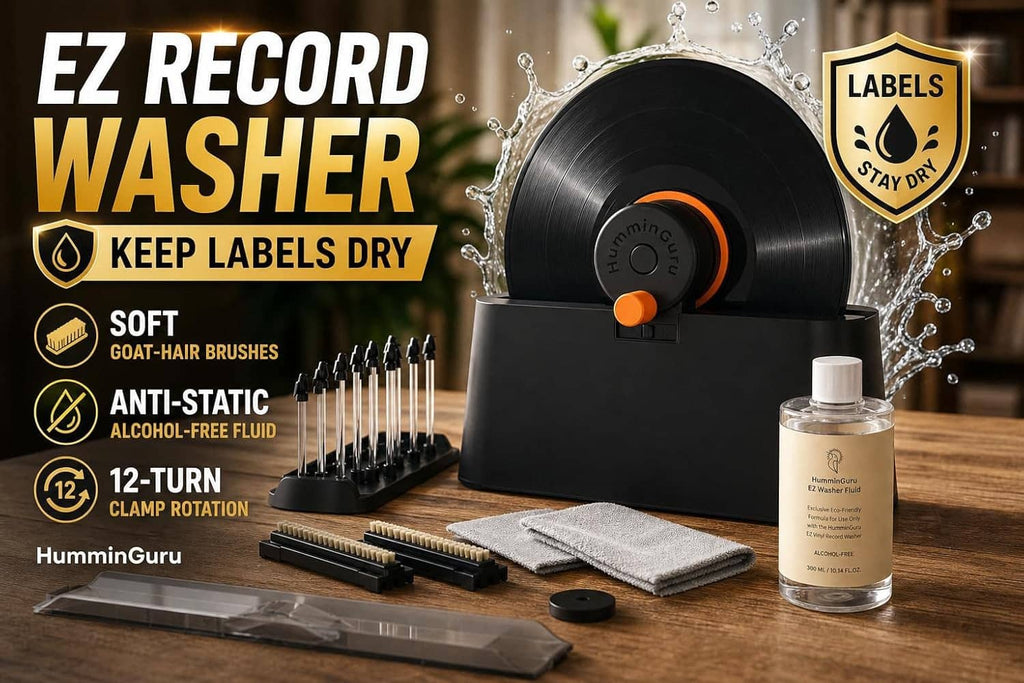 Vinyl record washer kit with spinning cleaner, brushes, and cleaning solution bottle