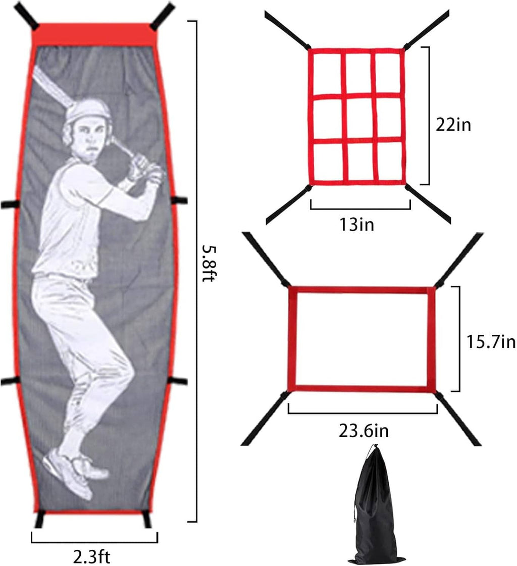 Baseball pitching target net with red grid front, gray batter panels, and size measurements