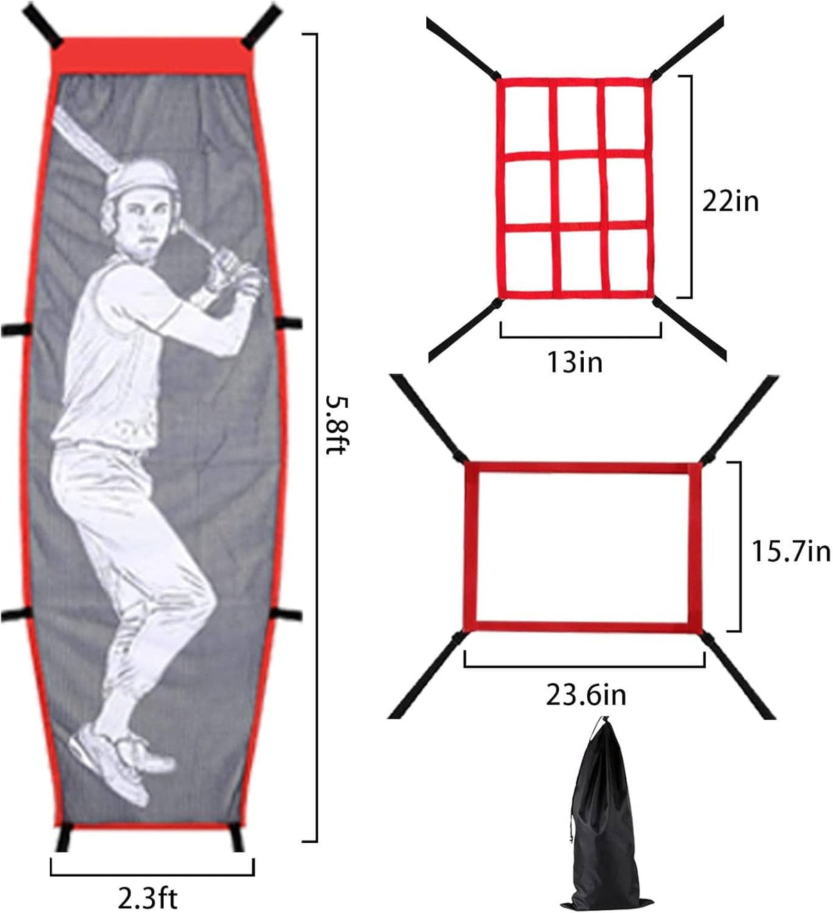 Baseball pitching target net with red grid front, gray batter panels, and size measurements