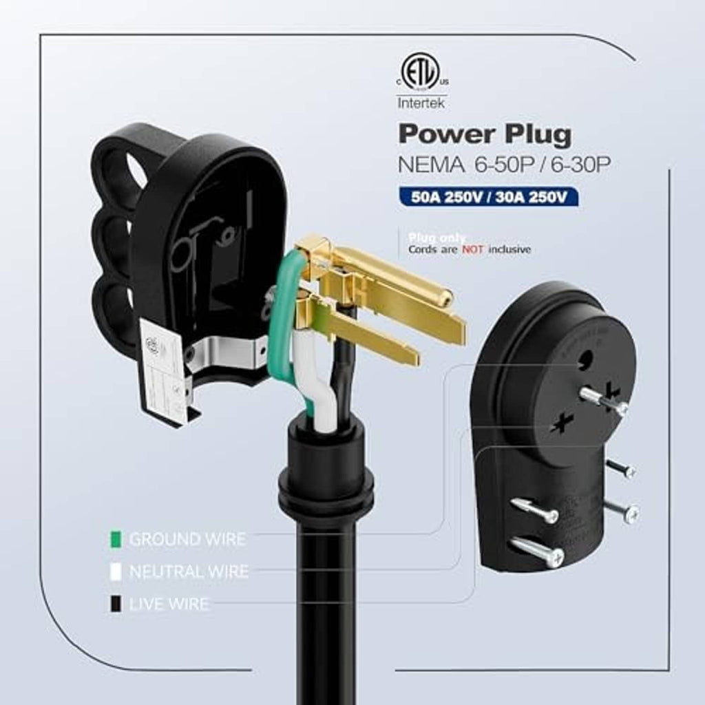 Black NEMA power plug with gold terminals and ground wire connection diagram