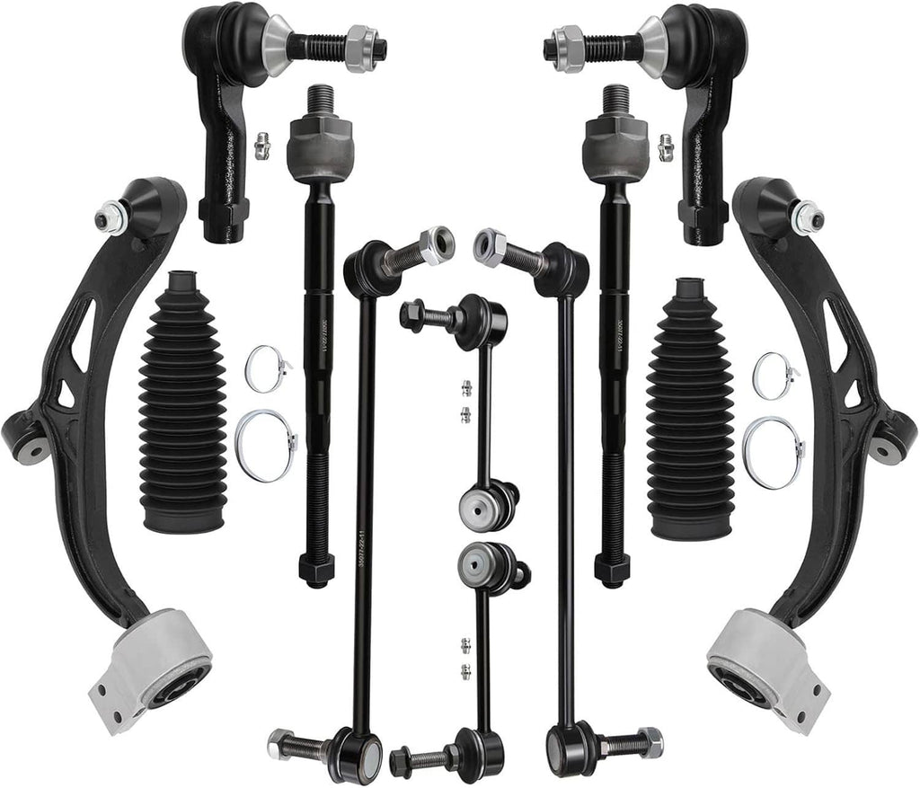 Front suspension control arm, ball joint, tie rod end kit with rubber boots and links