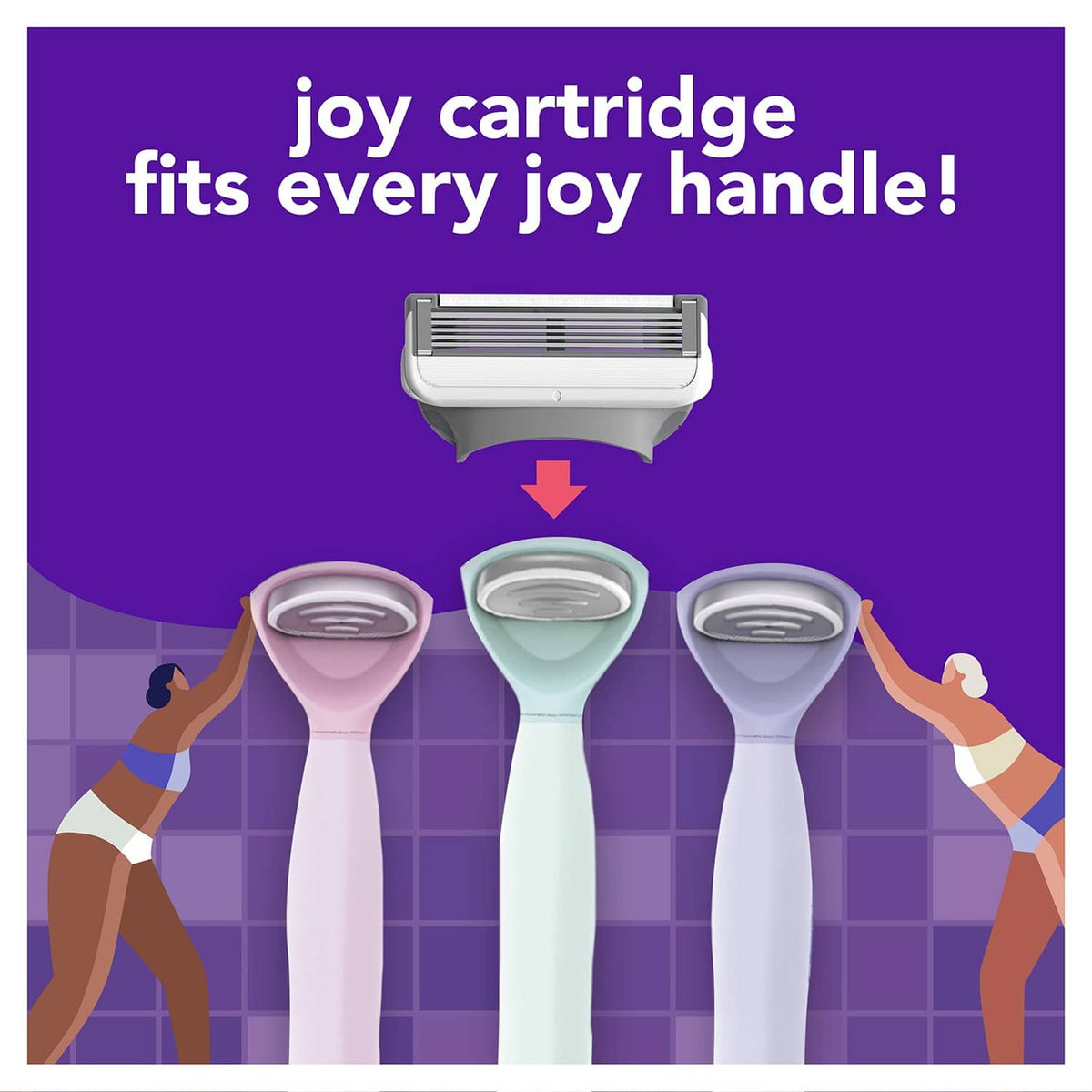 Razor refill cartridge fits Joy handles; single cartridge shown with multiple blue-striped blades.