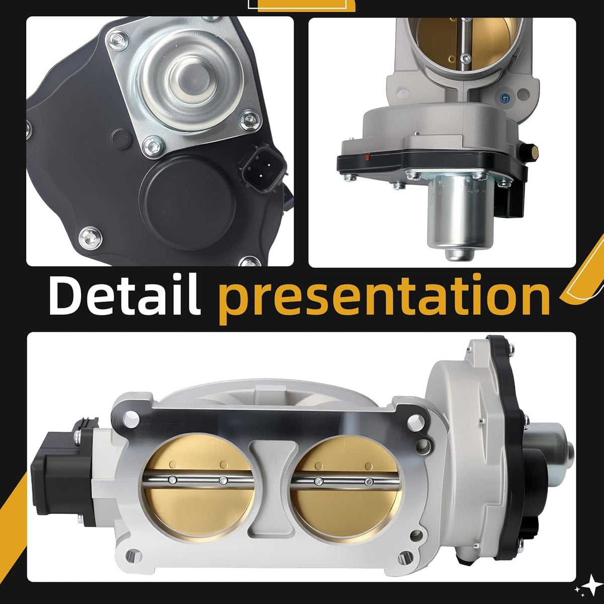 Throttle body detail view with dual gold bores and circular mounting plate