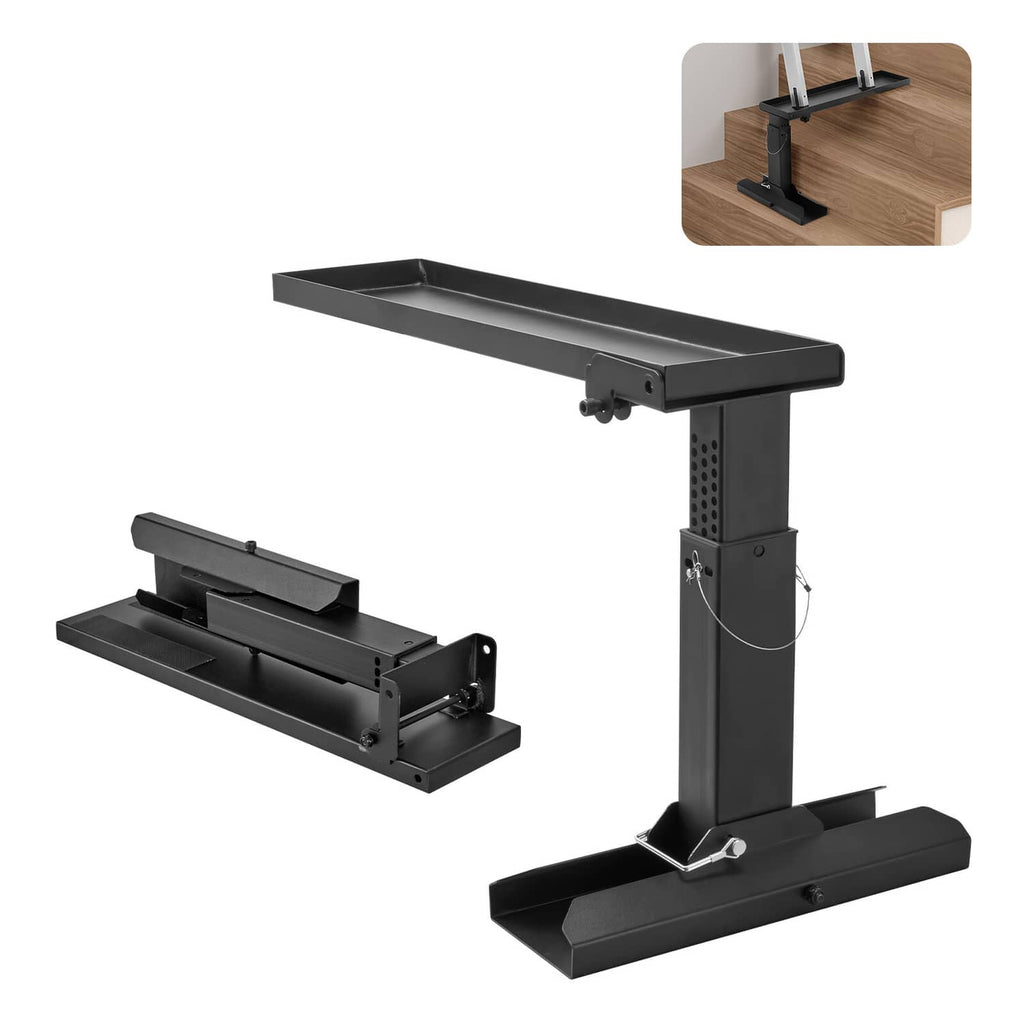 Black folding ladder stabilizer with wide support tray, height-adjust posts, and base
