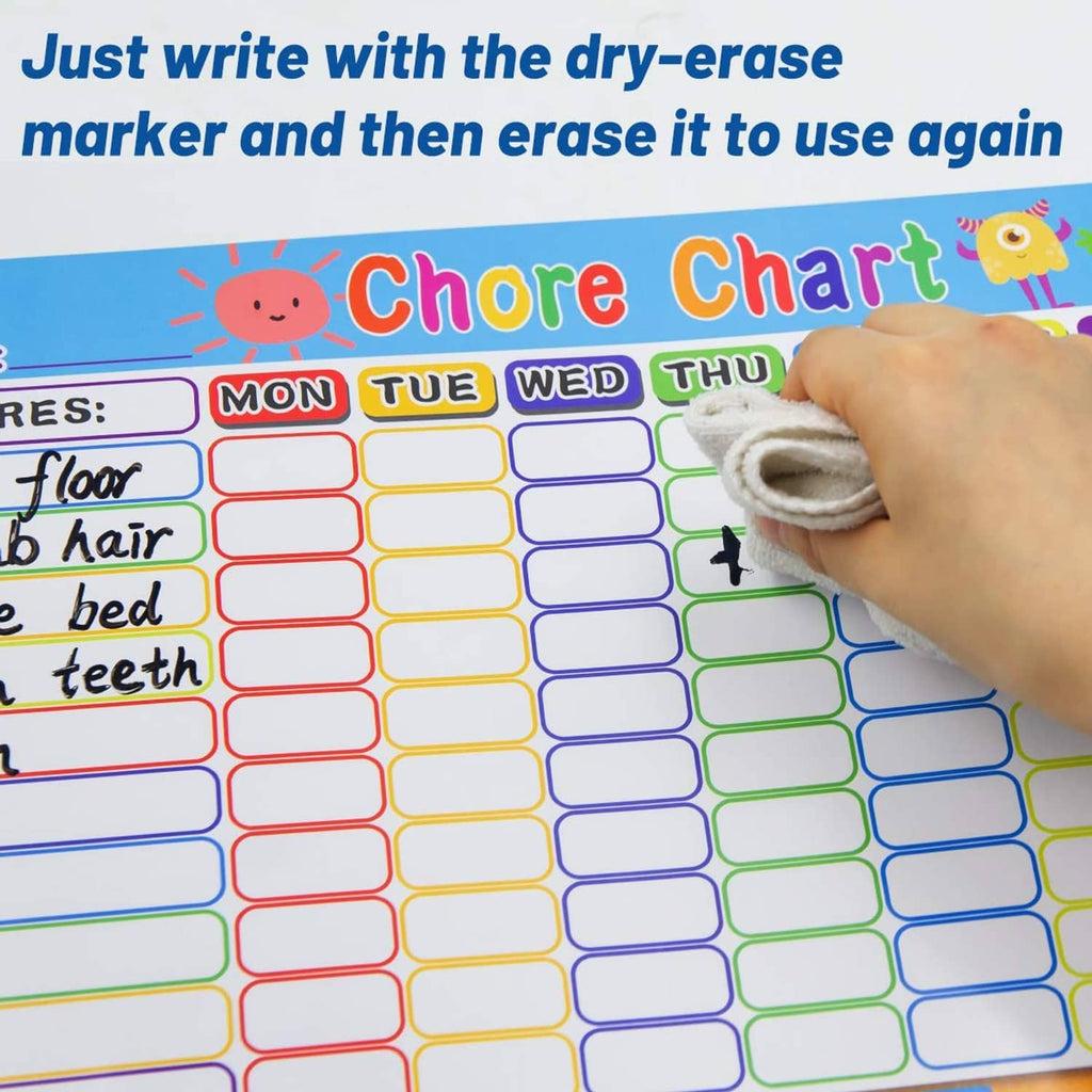 Chore chart with dry-erase marker and erasing hand, reusable writing area