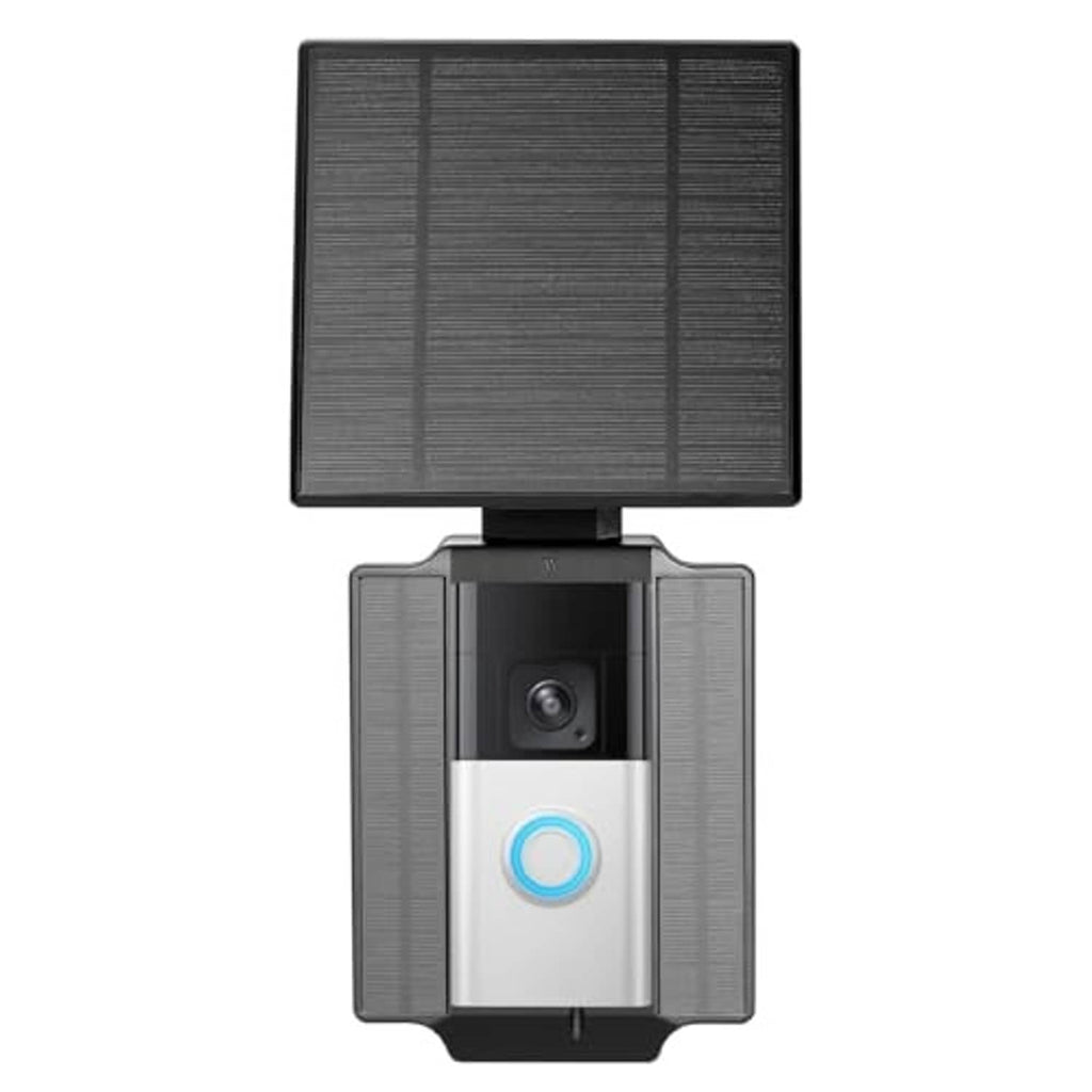 Solar panel doorbell charger with wall mount, front view, dark gray and black