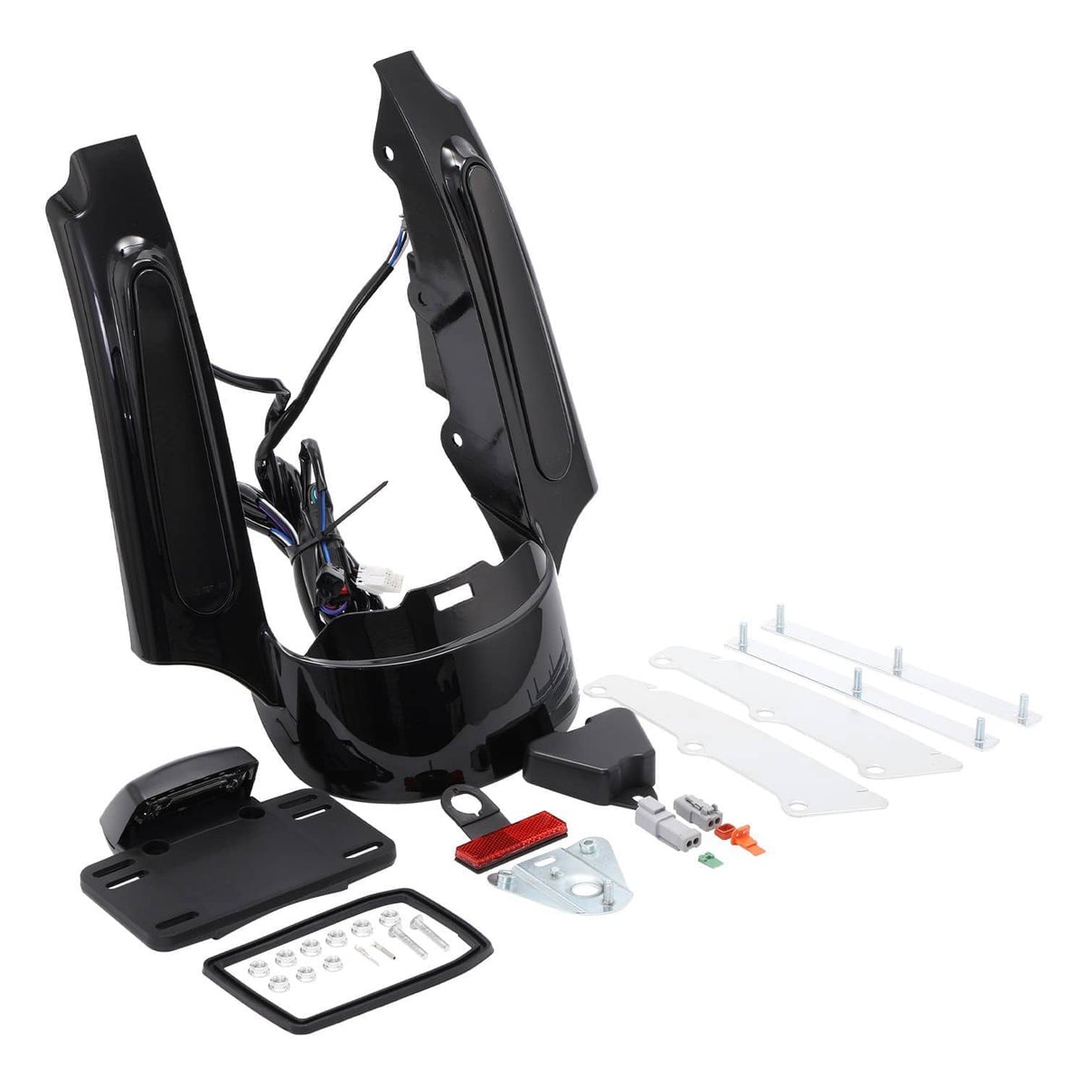 Black rear fender LED fascia assembly with mounting plate, wiring, and light housing