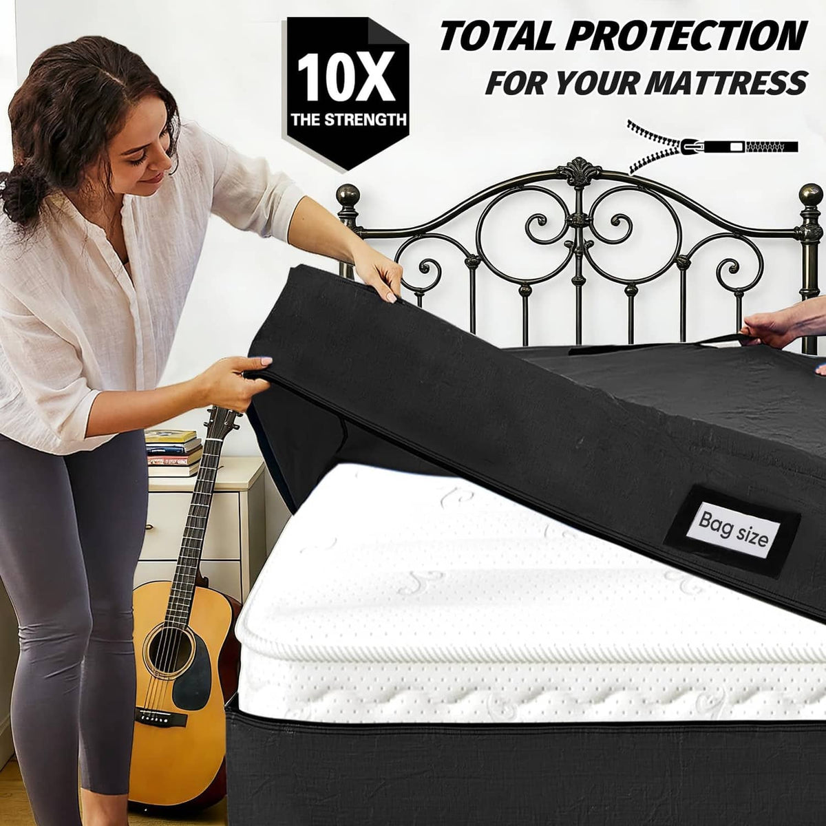 Black mattress storage bag with zipper opening and carry strap on a mattress