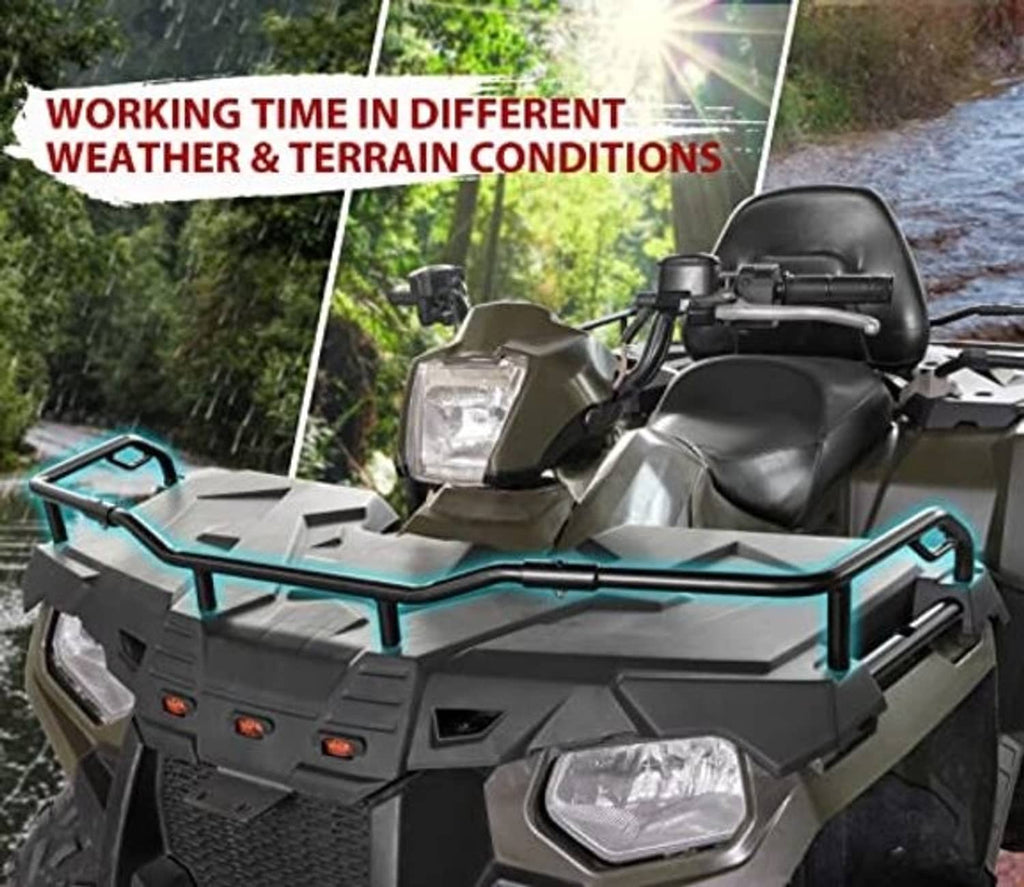 Front rack extender installed on ATV front, black tube rack over cargo area