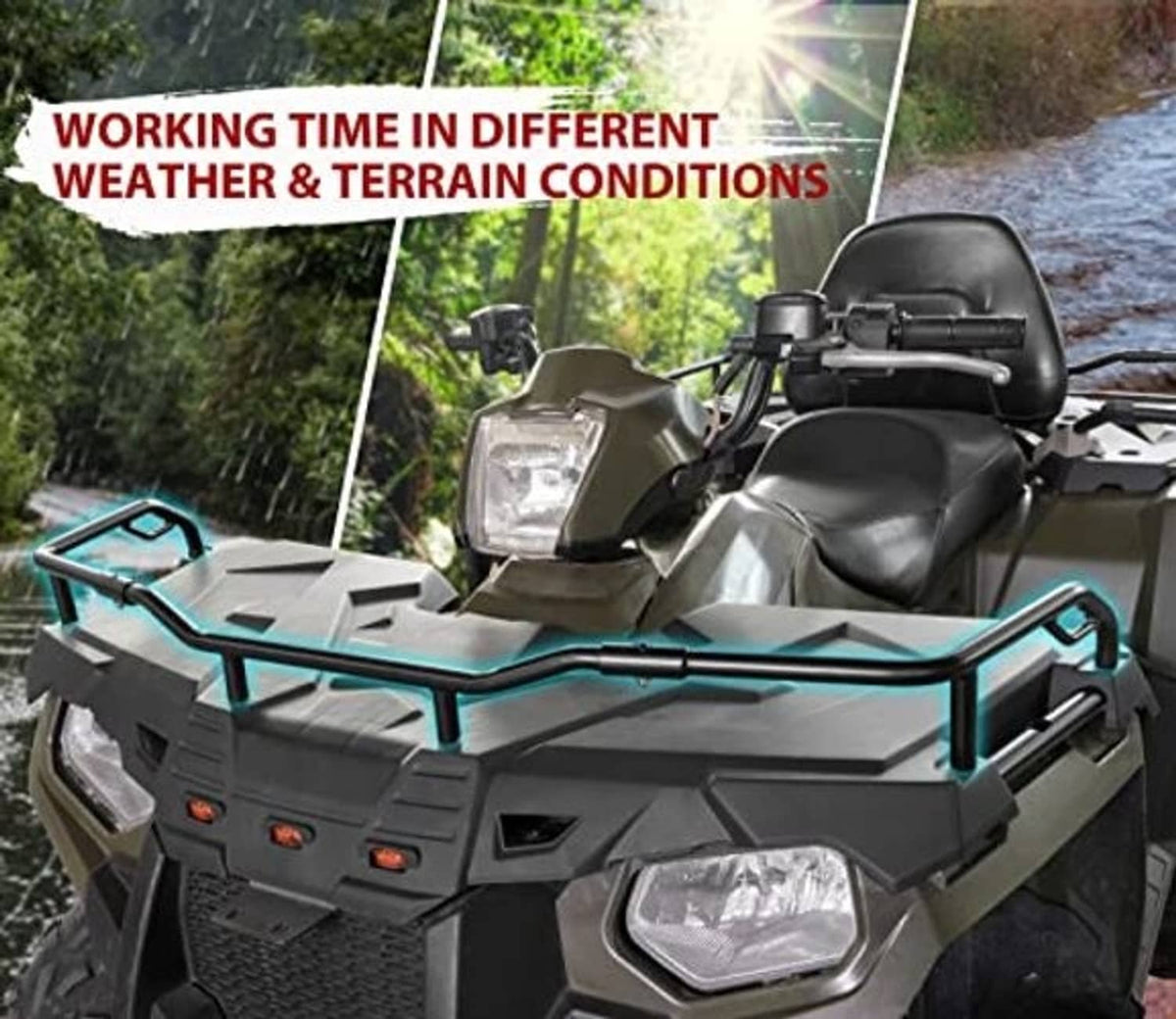 Front rack extender installed on ATV front, black tube rack over cargo area