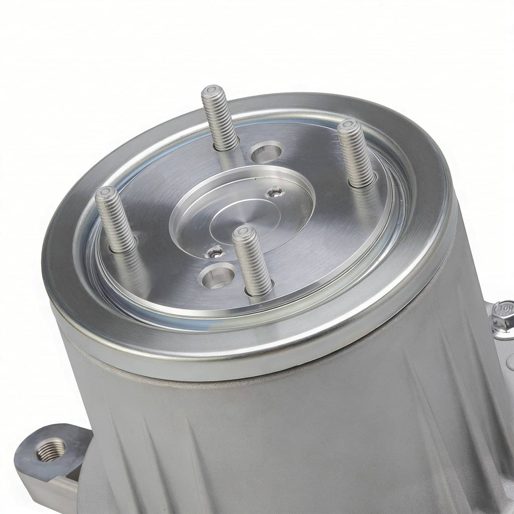 Rear axle differential mounting flange with circular metal cover and four bolts, silver