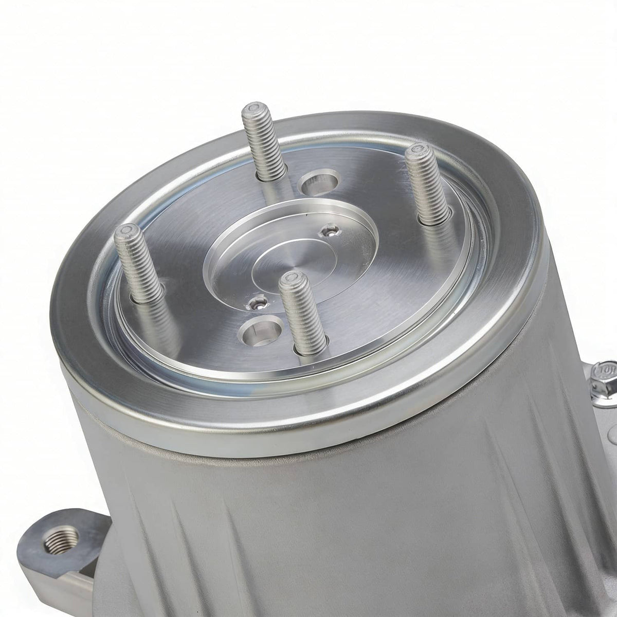Rear axle differential mounting flange with circular metal cover and four bolts, silver