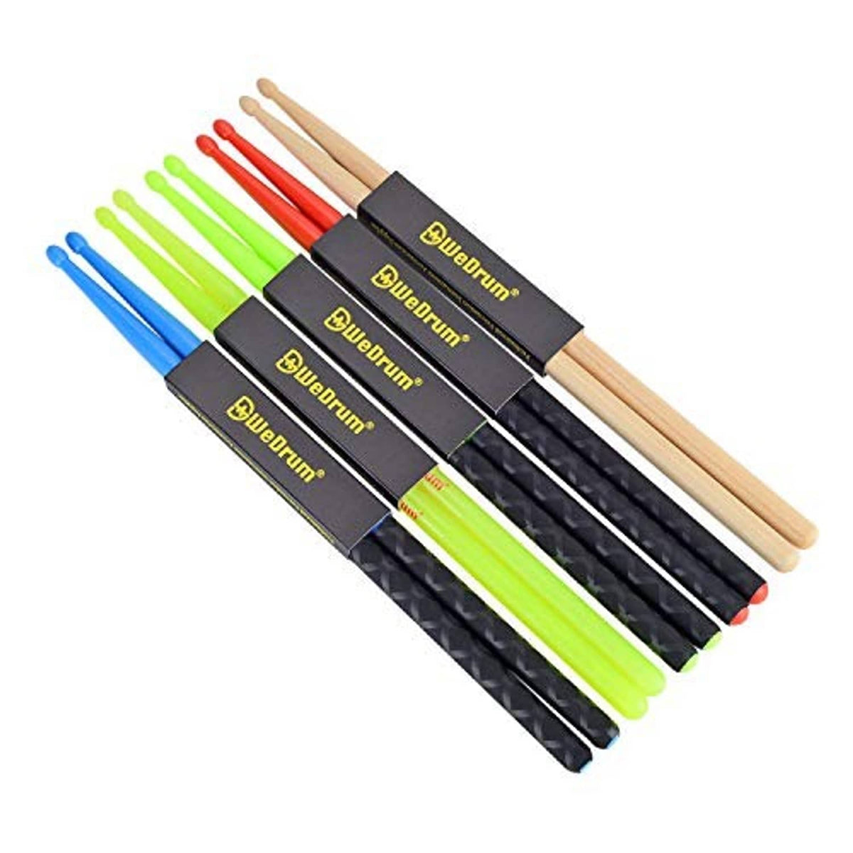 Glow drum sticks assortment in multiple colors, wood-toned shafts with plastic tips