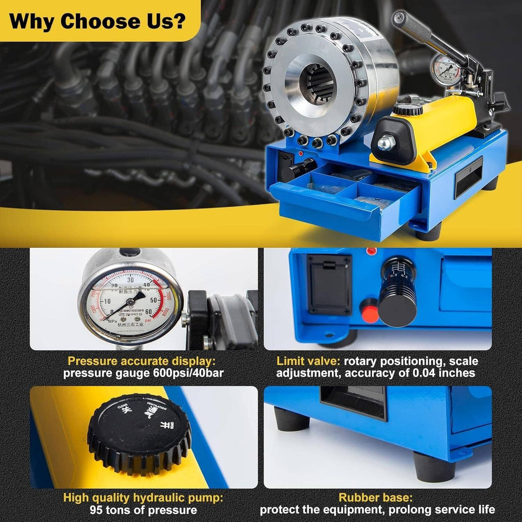 Hydraulic hose crimper with die head, pressure gauge, and yellow pump handle on base
