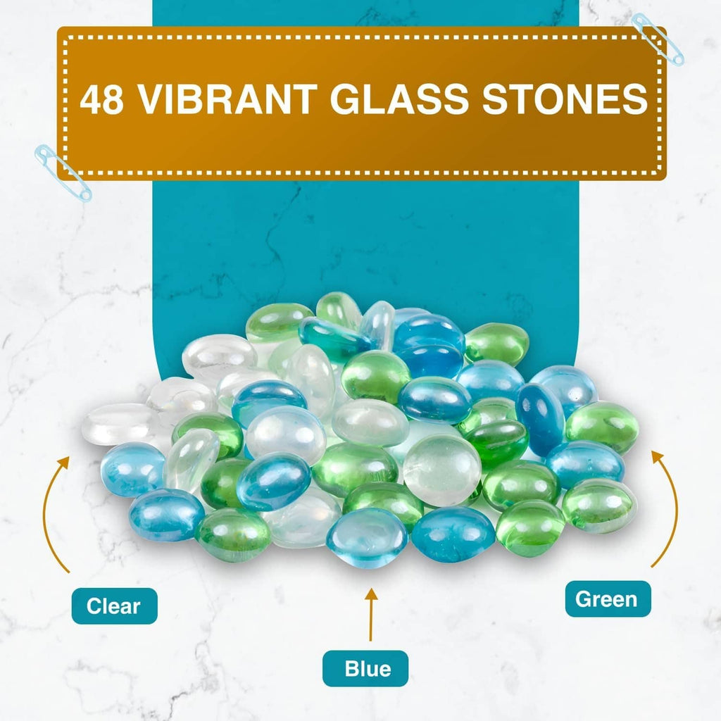 Set of 48 vibrant translucent glass mancala stones in blue, green, and clear