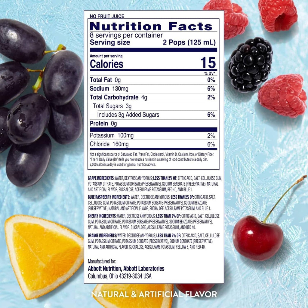 Pedialyte Freeze Pops nutrition facts panel with grapes and berries