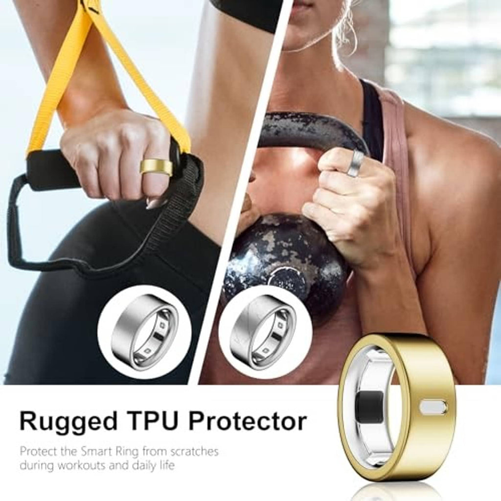 Gold charging ring cover and rugged TPU protector shown with cutout for easy charging access.