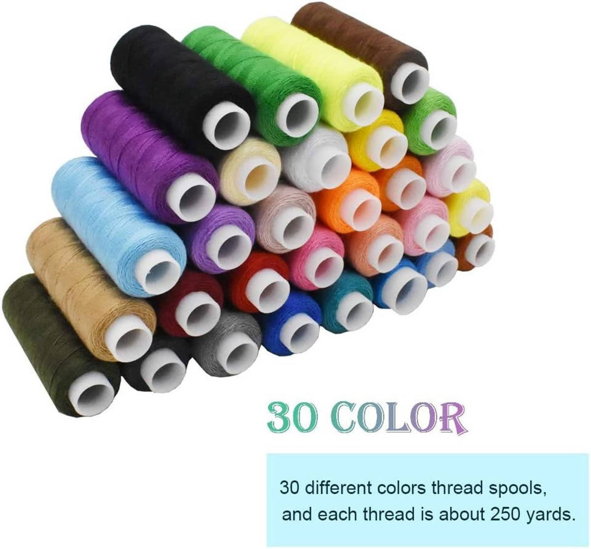 Polyester thread spool assortment in multiple colors, stacked with empty white cores