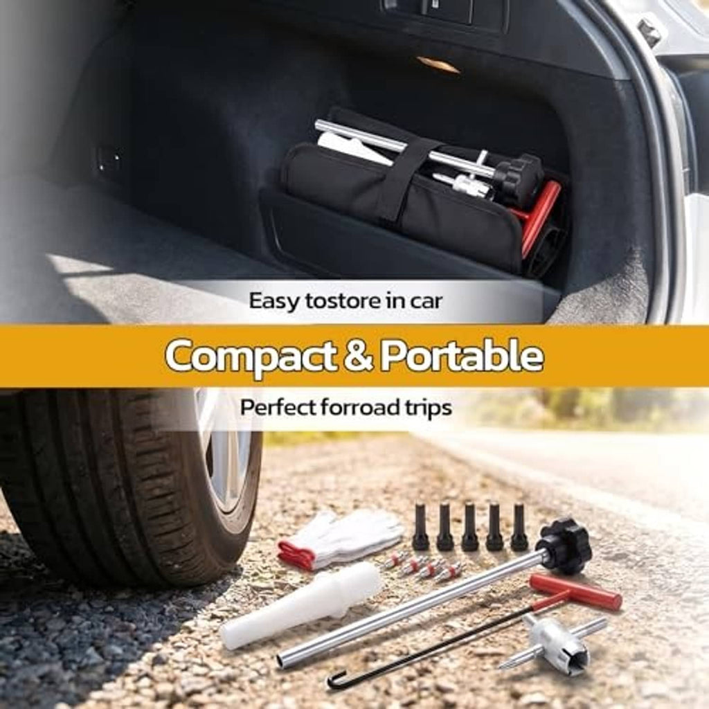Compact portable tire valve core tool kit with gloves, red handle, and valve core caps