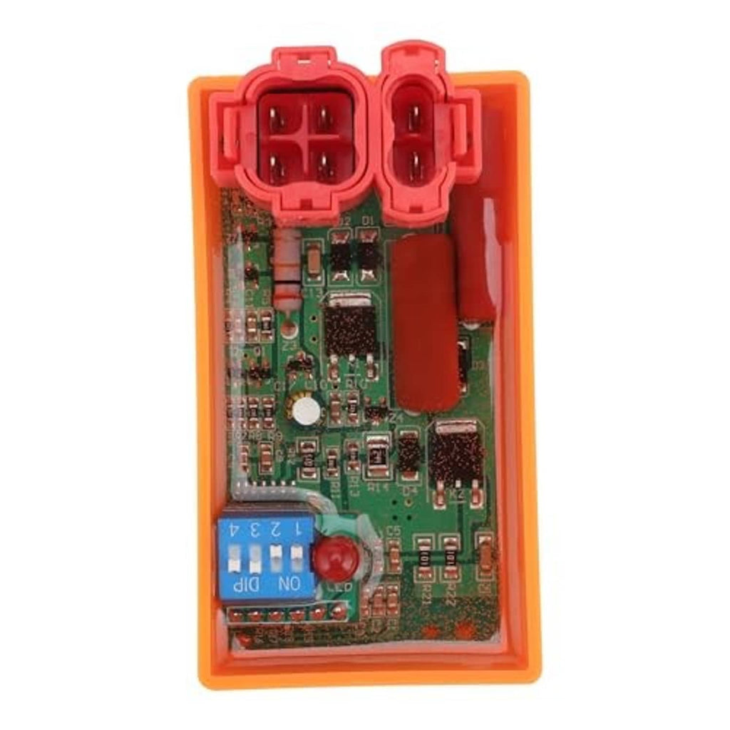 Orange CDI box with red terminal sockets and green PCB, front view.