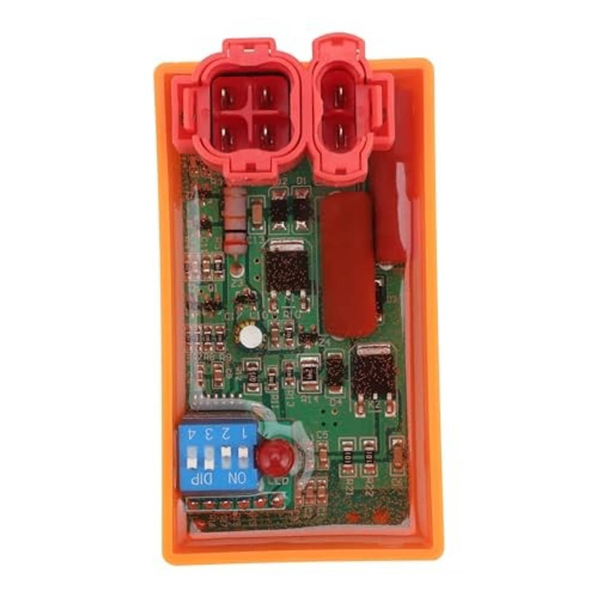Orange CDI box with red terminal sockets and green PCB, front view.