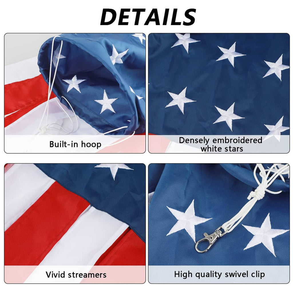 US flag windsock detail showing embroidered stars and red-and-white striped streamers