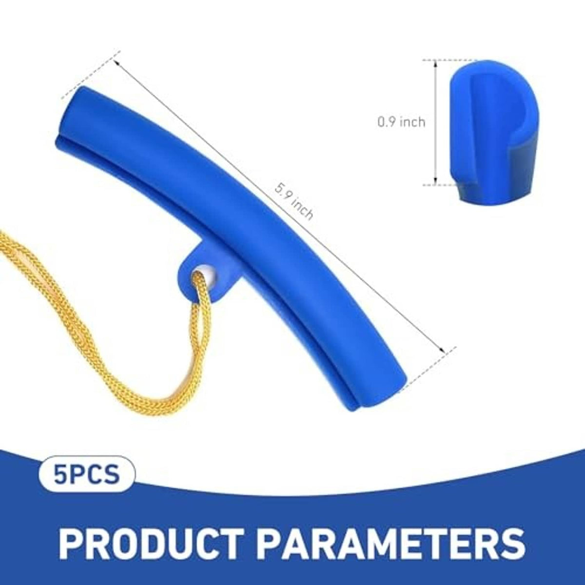 Blue tire rim protector sleeve, 5.9 in long and 0.9 in high, with gold cord
