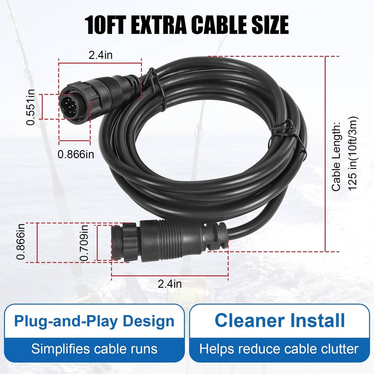 9-pin extension cable, coiled black 10 ft cable with two round connectors