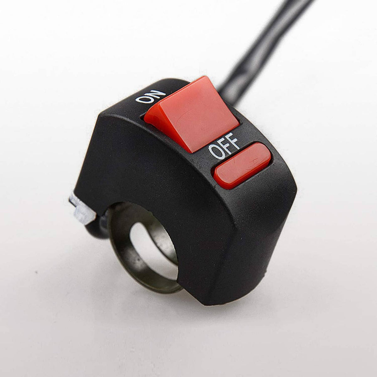 Motorcycle handlebar switch with red ON rocker and red OFF button, black housing