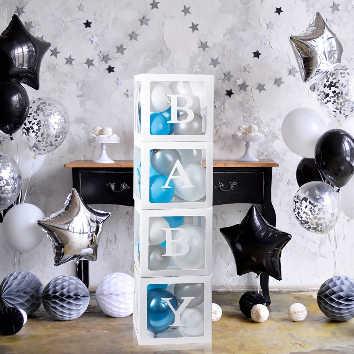 White 4-cube clear balloon display box with blue-letter balloons in window panels