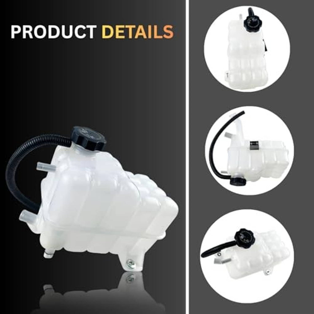 Engine coolant expansion reservoir tank with black cap, sensor, and side fittings