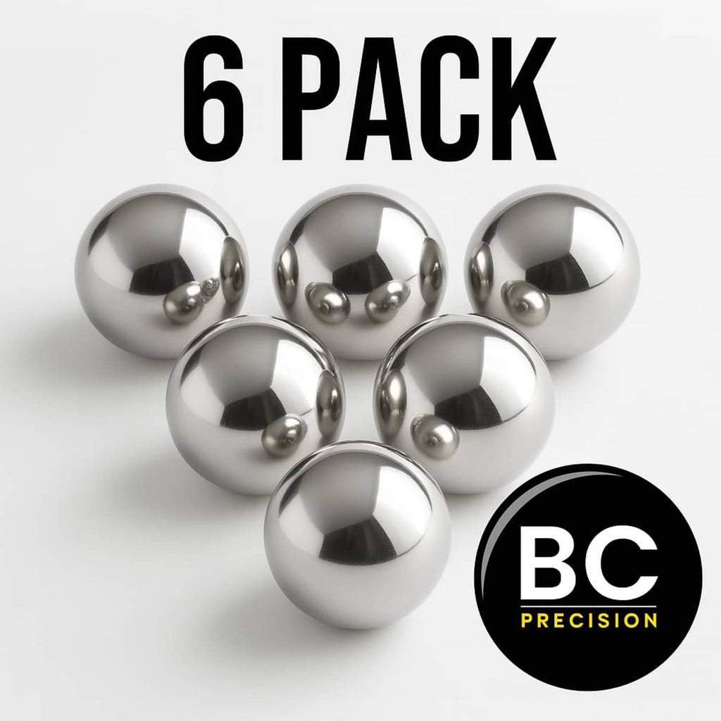 Pack of six large carbon steel ball bearings with shiny silver steel balls