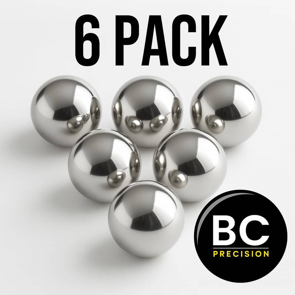Pack of six large carbon steel ball bearings with shiny silver steel balls
