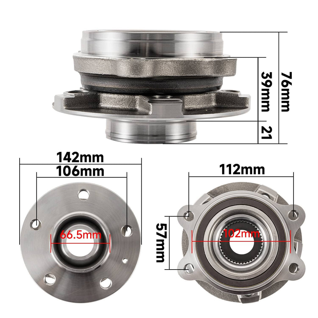 Wheel hub bearing pair with labeled size dimensions and mounting details