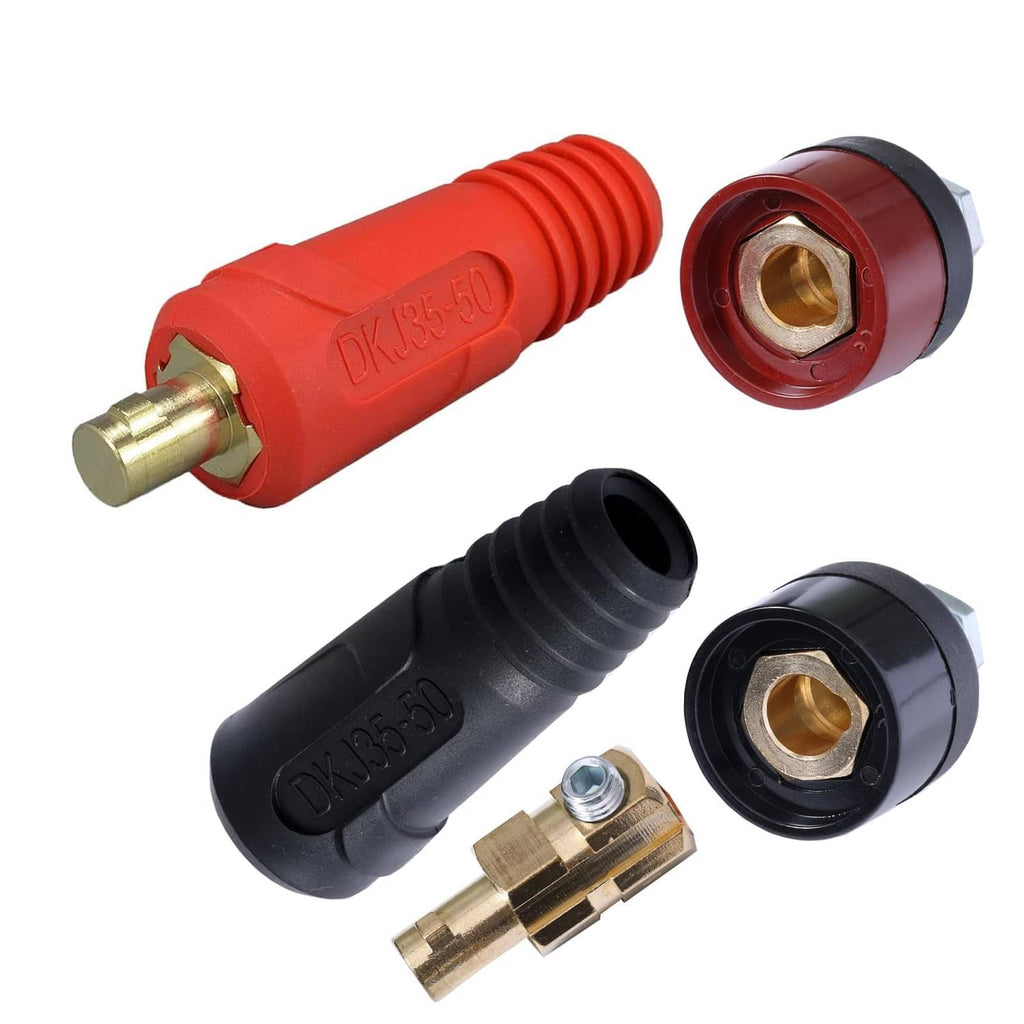Welding cable connector plugs, red and black with gold brass contacts and hex threads