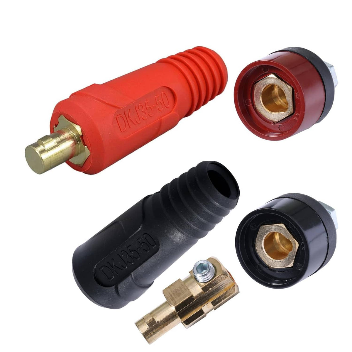 Welding cable connector plugs, red and black with gold brass contacts and hex threads