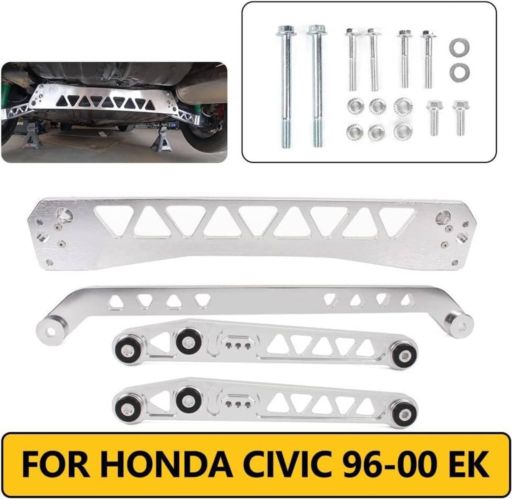 Silver rear control arm brace tie bar kit with hardware and two link arms