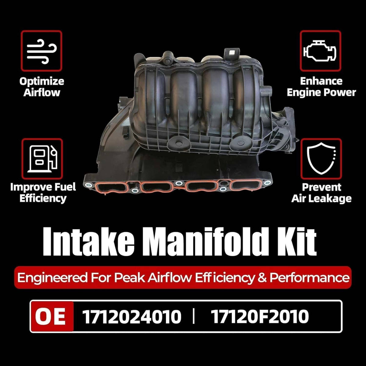 Intake manifold kit with orange-red gasket strip and sealed ports