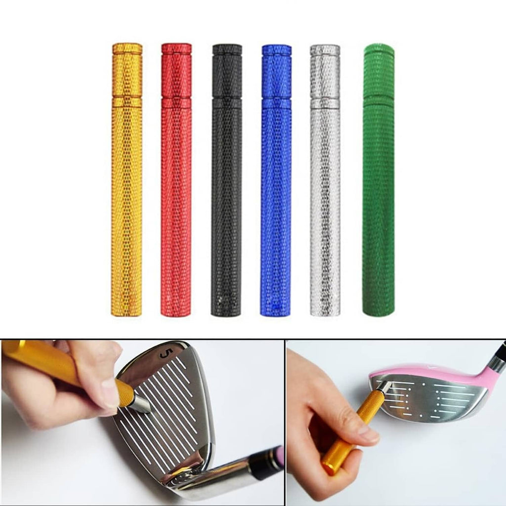 Set of golf groove sharpeners in yellow, red, black, blue, white, and green colors