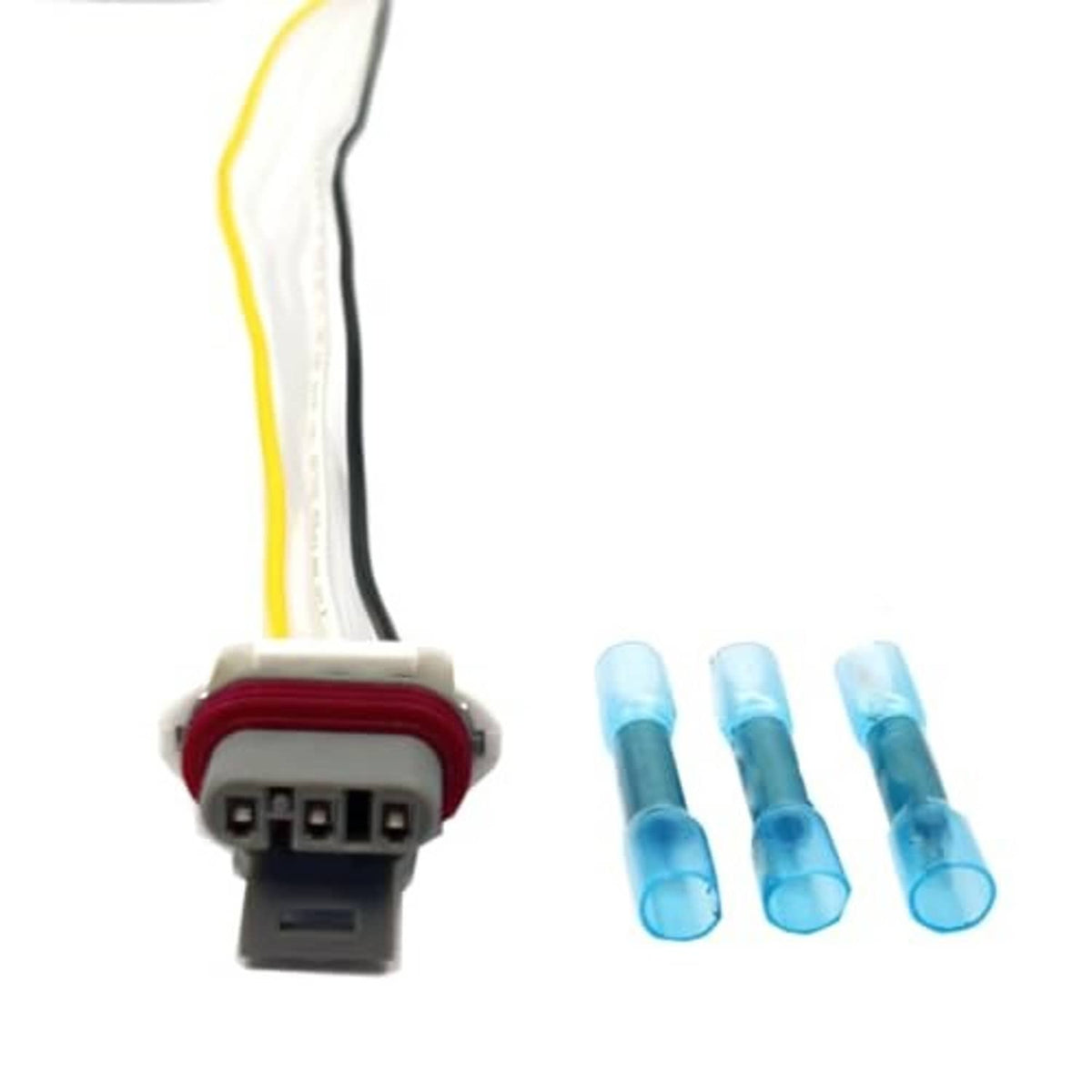 Crankshaft sensor plug connector with wiring leads and three blue terminal sleeves