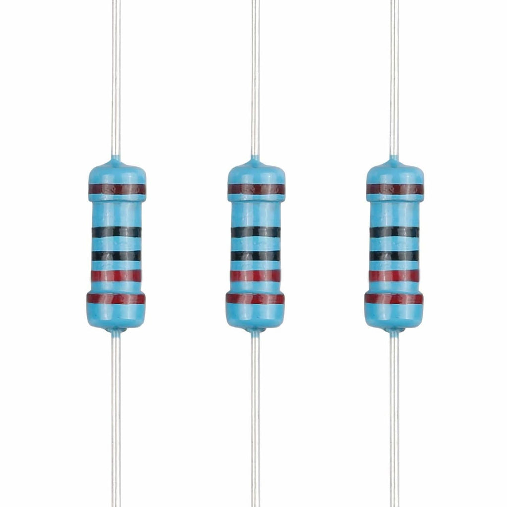 Axial metal film fixed resistors, blue body with color band coding, lead wires visible