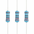 Axial metal film fixed resistors, blue body with color band coding, lead wires visible