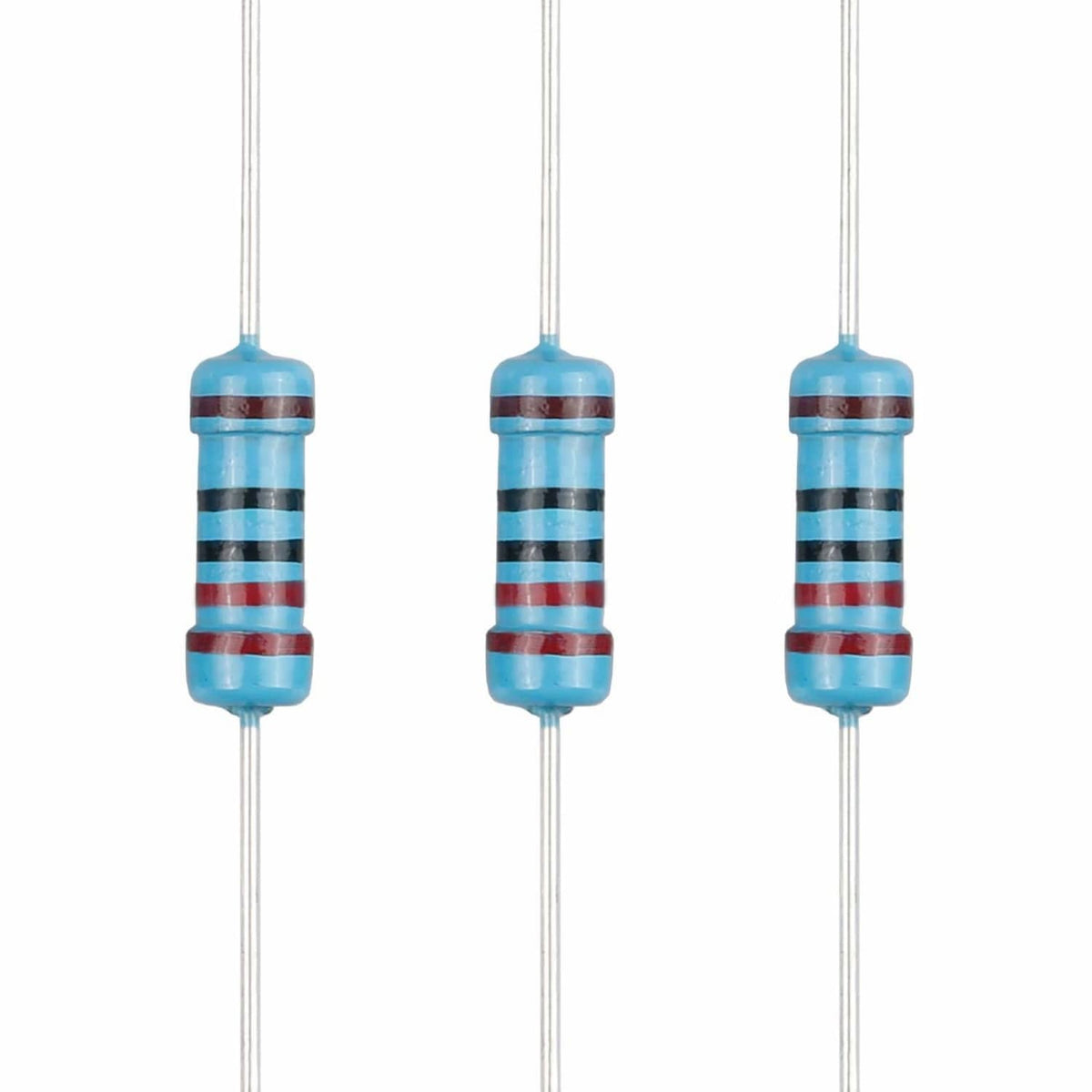 Axial metal film fixed resistors, blue body with color band coding, lead wires visible