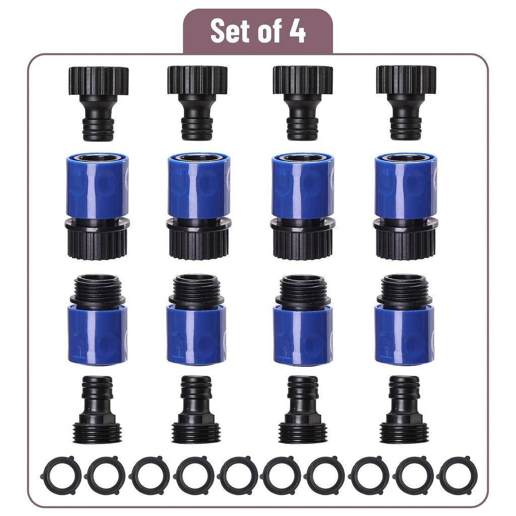 Four-pack of blue and black male-female garden hose quick connectors with washers