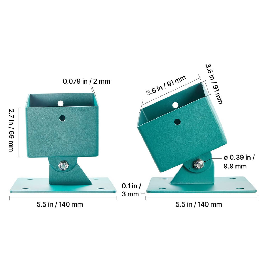Teal adjustable swing set bracket base with plate, showing key height and width measurements