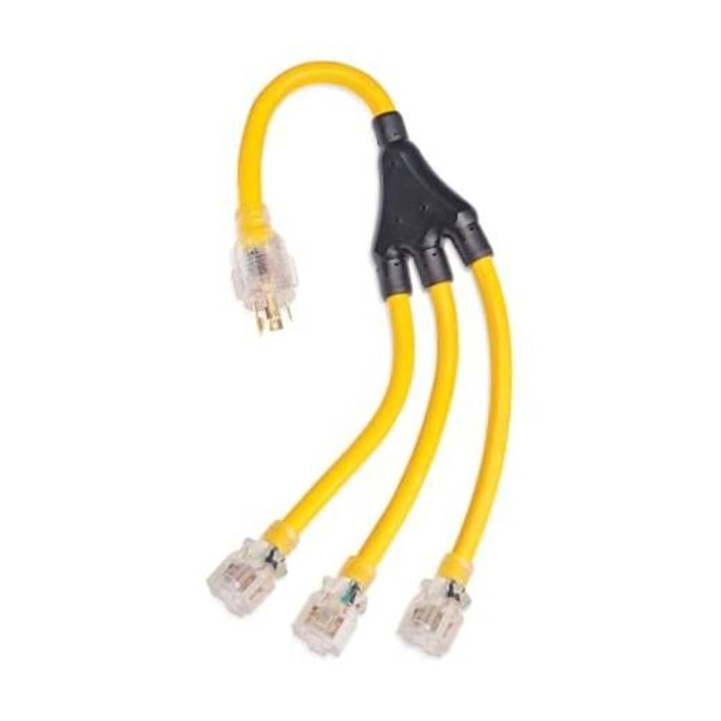 Yellow generator adapter cord with black 3-prong plug and three connector ends