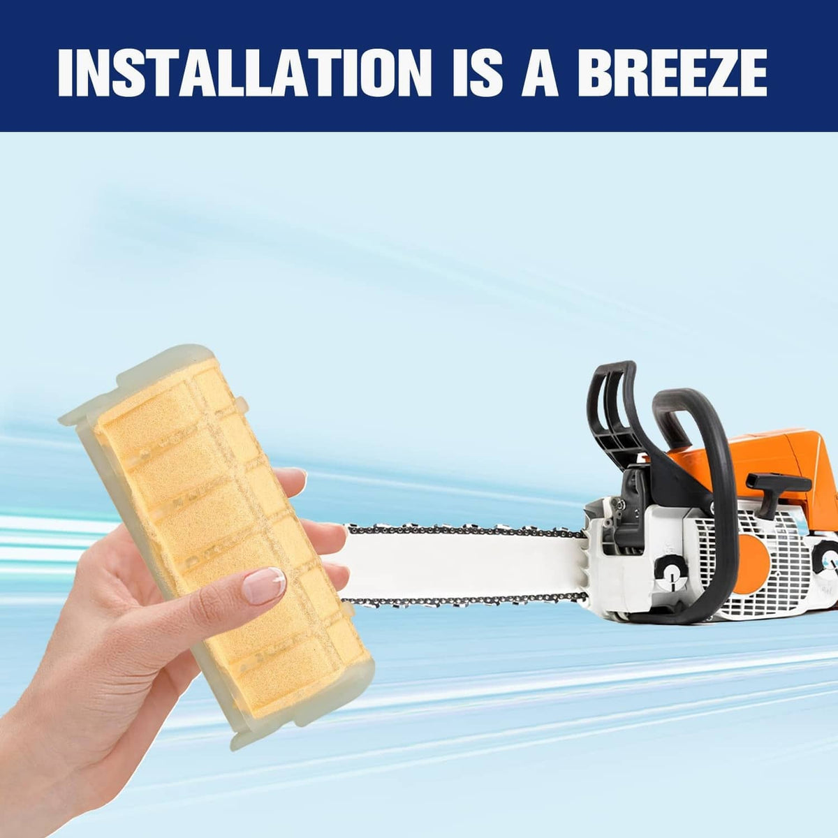 Hand holding a tan air filter cartridge with plastic housing beside a chainsaw.