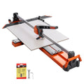 Manual tile cutter with orange base, gray rails, and adjustable angle guide
